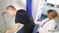 Plumber licks the blonde housewife and pounds her hard in the bathroom.